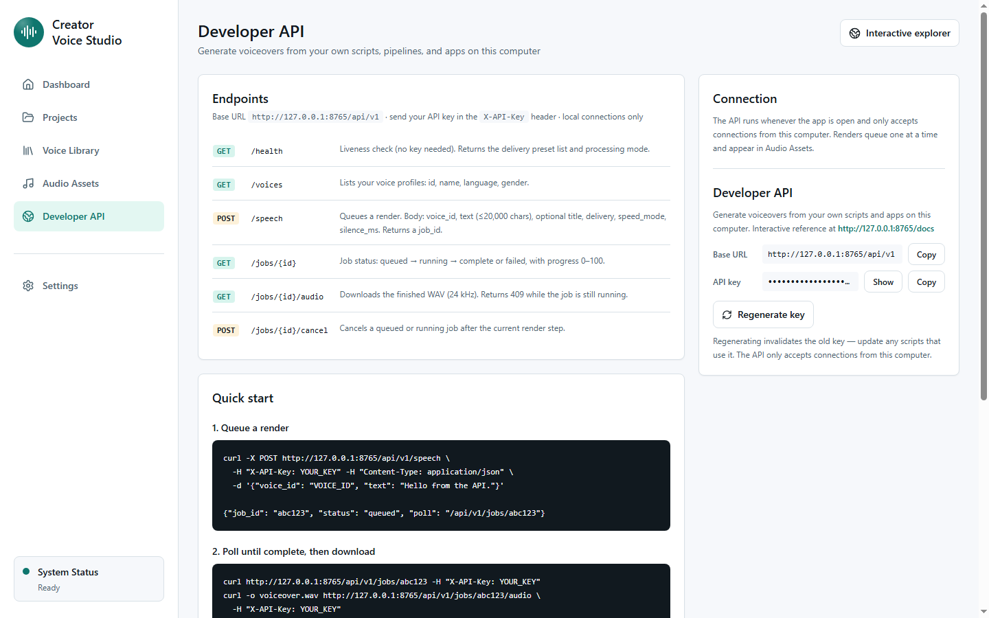 The Developer API page inside the app, with endpoint reference and API key management