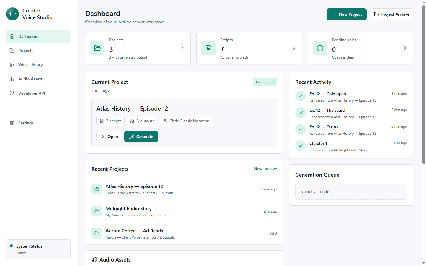 Creator Voice Studio dashboard showing projects, generated audio, and recent renders