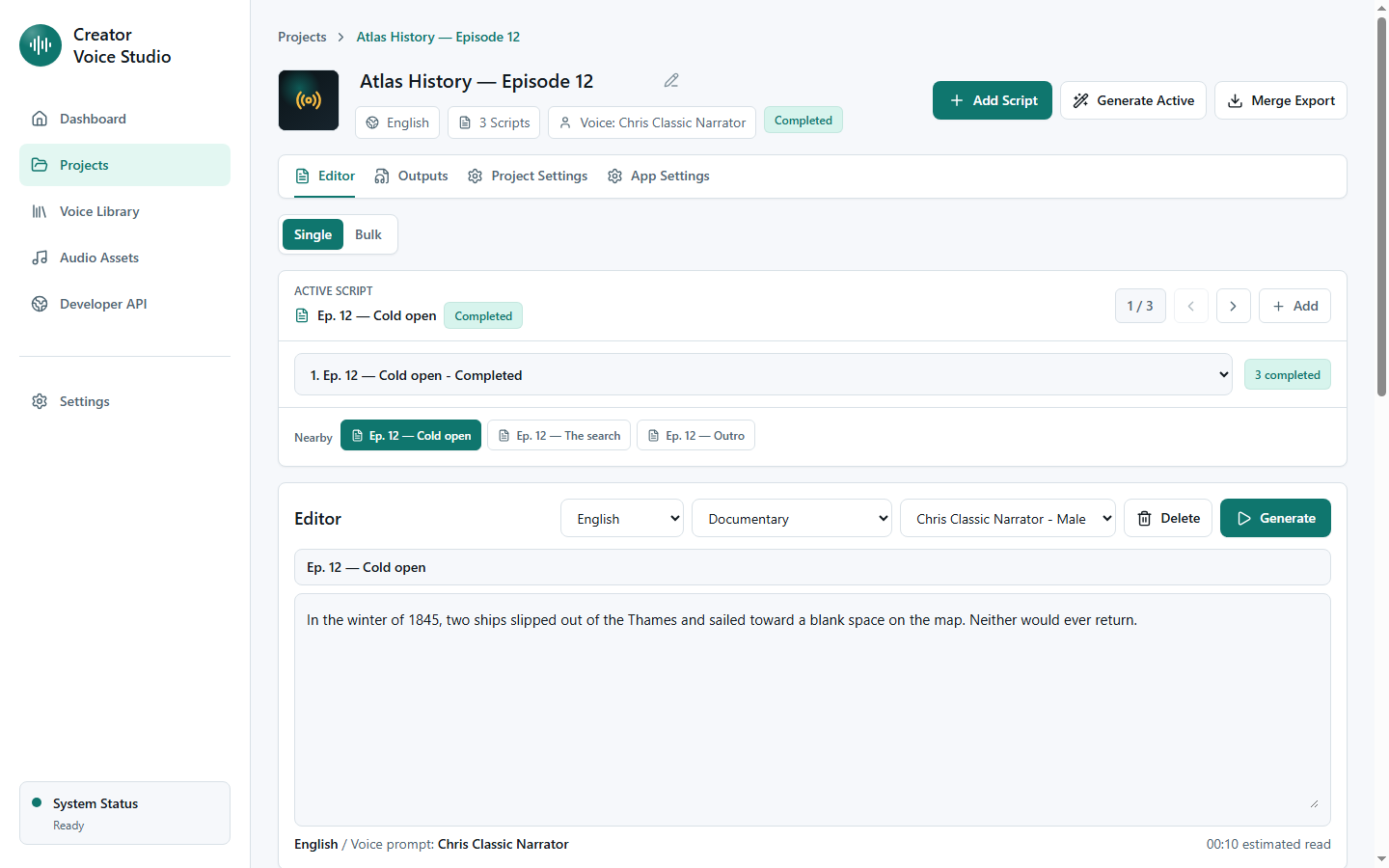 Project editor with scripts, delivery controls, and render queue