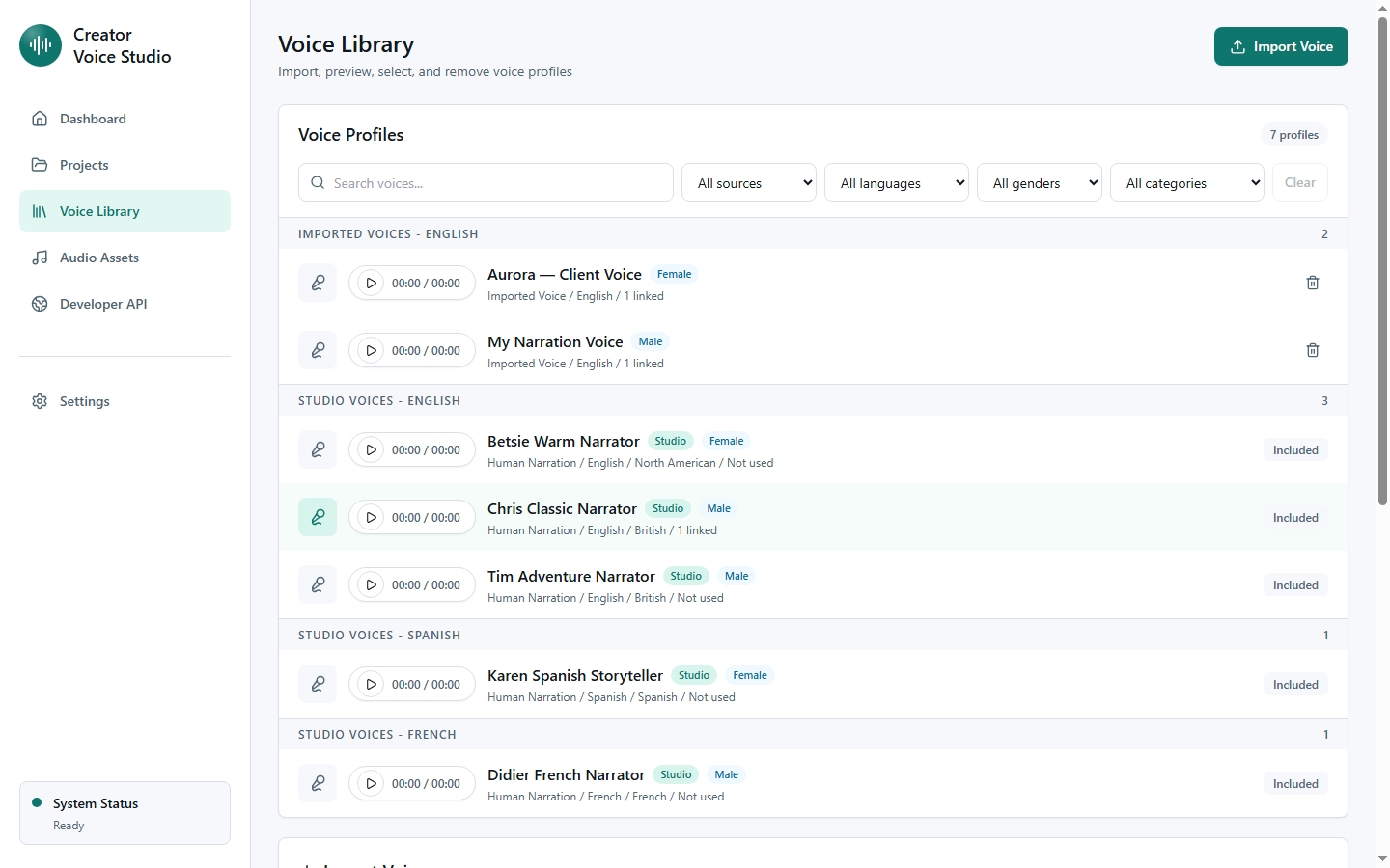 Voice library with imported voice profiles